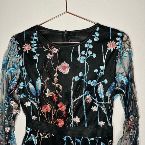 Unbranded Women's Black Long Sleeve Mesh Embroidered A-Line Mini Dress Size S - Picture 4 of 9